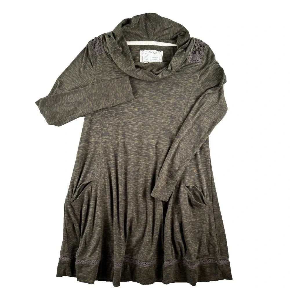 Anthropologie Saturday Sunday Dress Women XS Green Cowl Boho Cottage Midi Shift‎ - Picture 2 of 13